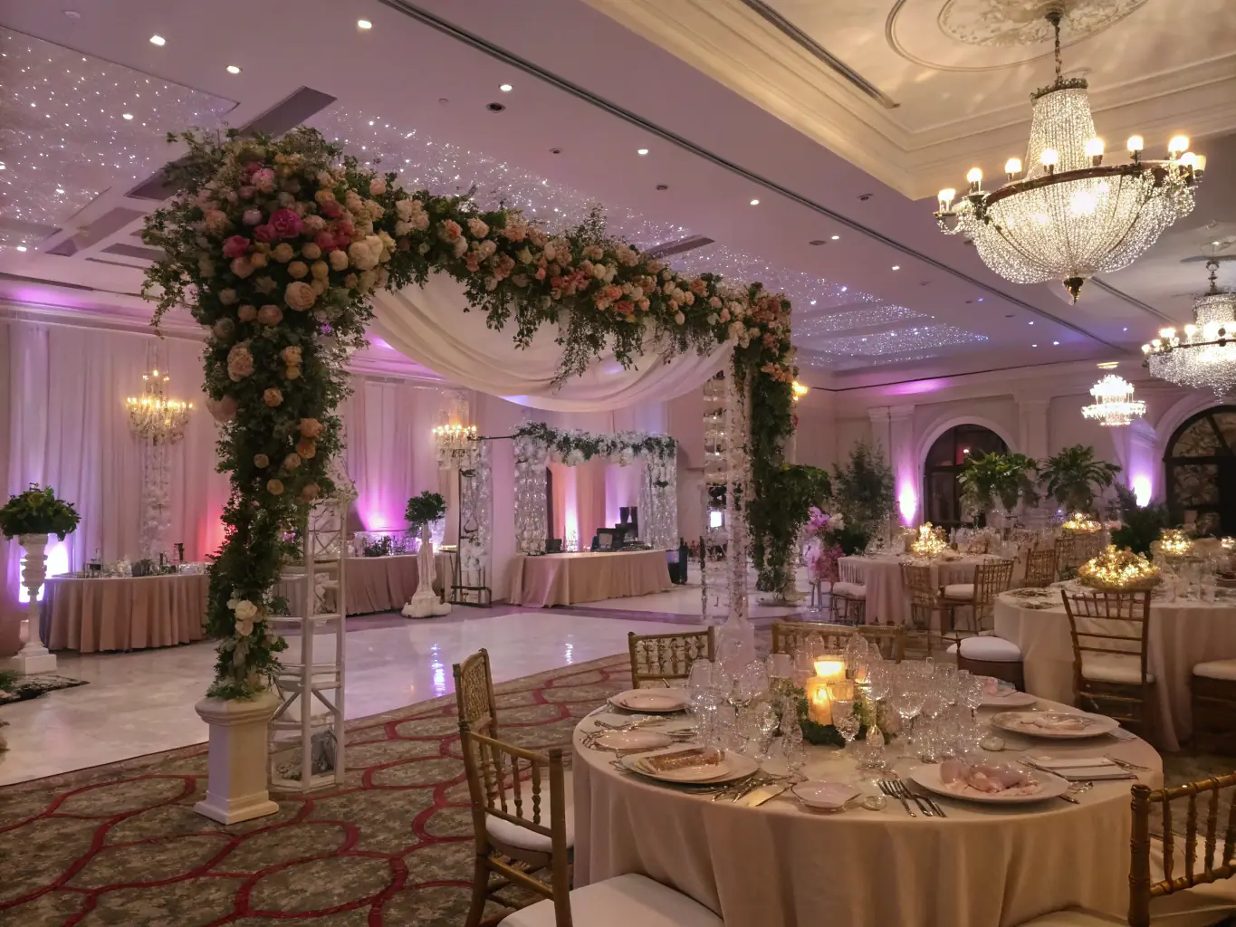 A beautifully decorated wedding reception hall with elegant floral arrangements and soft lighting, showcasing AvyUsa's expertise in creating memorable wedding events.